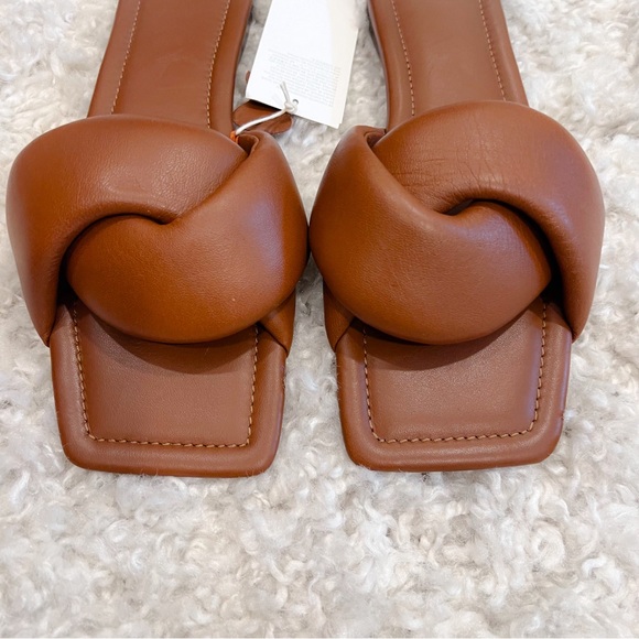 NWT H&M Brown Leather Knot Flat Slide Sandals - Picture 2 of 6